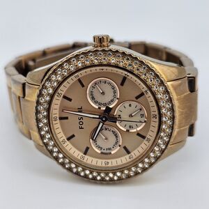 Fossil Watch Women's Watch 38MM Gold Dial Bracelet Band Day Date 6" New Battery